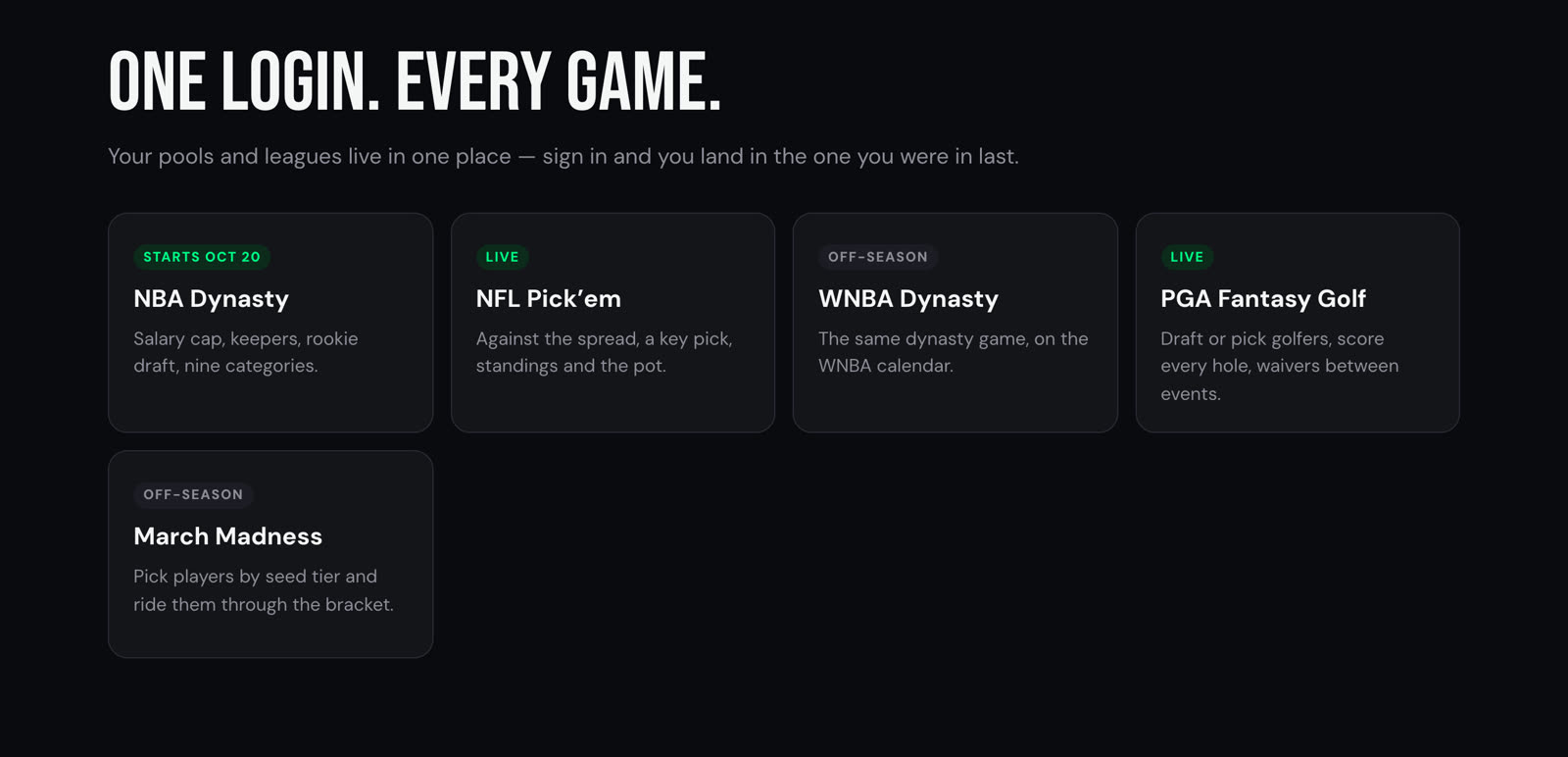 The five MNS games: NBA Dynasty, NFL Pick'em, WNBA Dynasty, PGA Fantasy Golf, and March Madness
